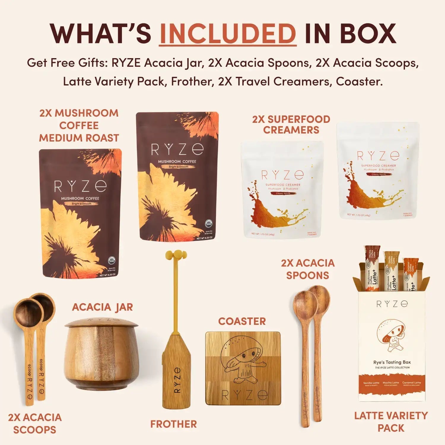 Promotional image of RYZE products including coffee, spoons, and other items with text detailing what's included in a box.